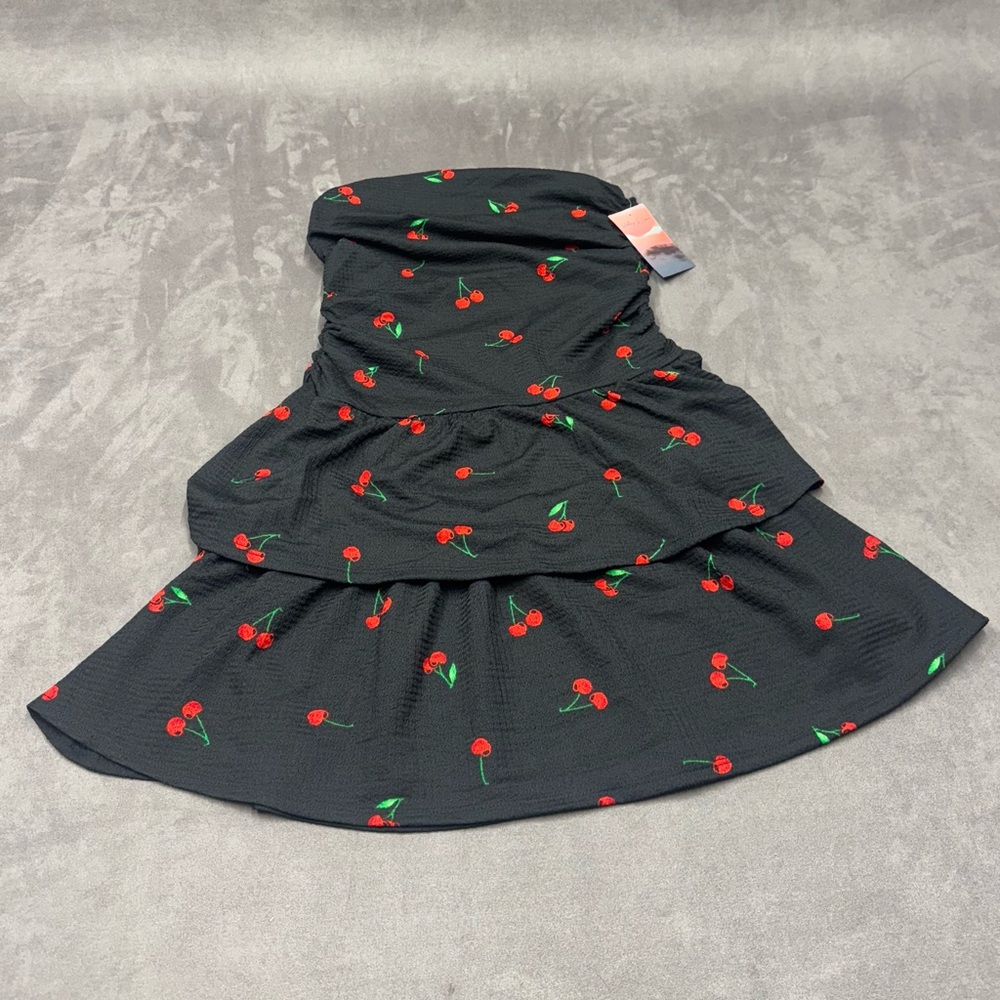 NWT Haley & June Black Strapless tiered mini Dress Cherry Print women’s L Y2K